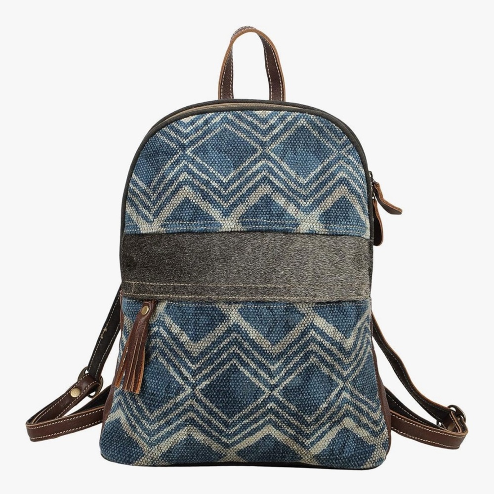 Myra Bag Blue Breeze Upcycled Canvas & Cowhide Leather Backpack